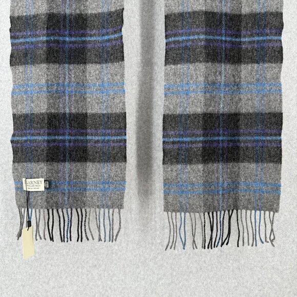 Blarney Long Lambswool Fringed Scarf Oblong Gray Blue Plaid Made in Ireland NEW - Picture 2 of 6